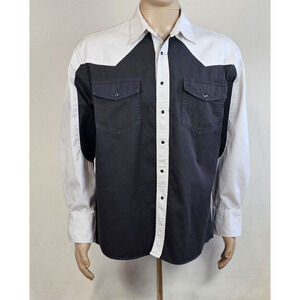 Rustler by Wrangler Mens XL Black White Pearl Snap Shirt Southwestern Cowboy VTG
